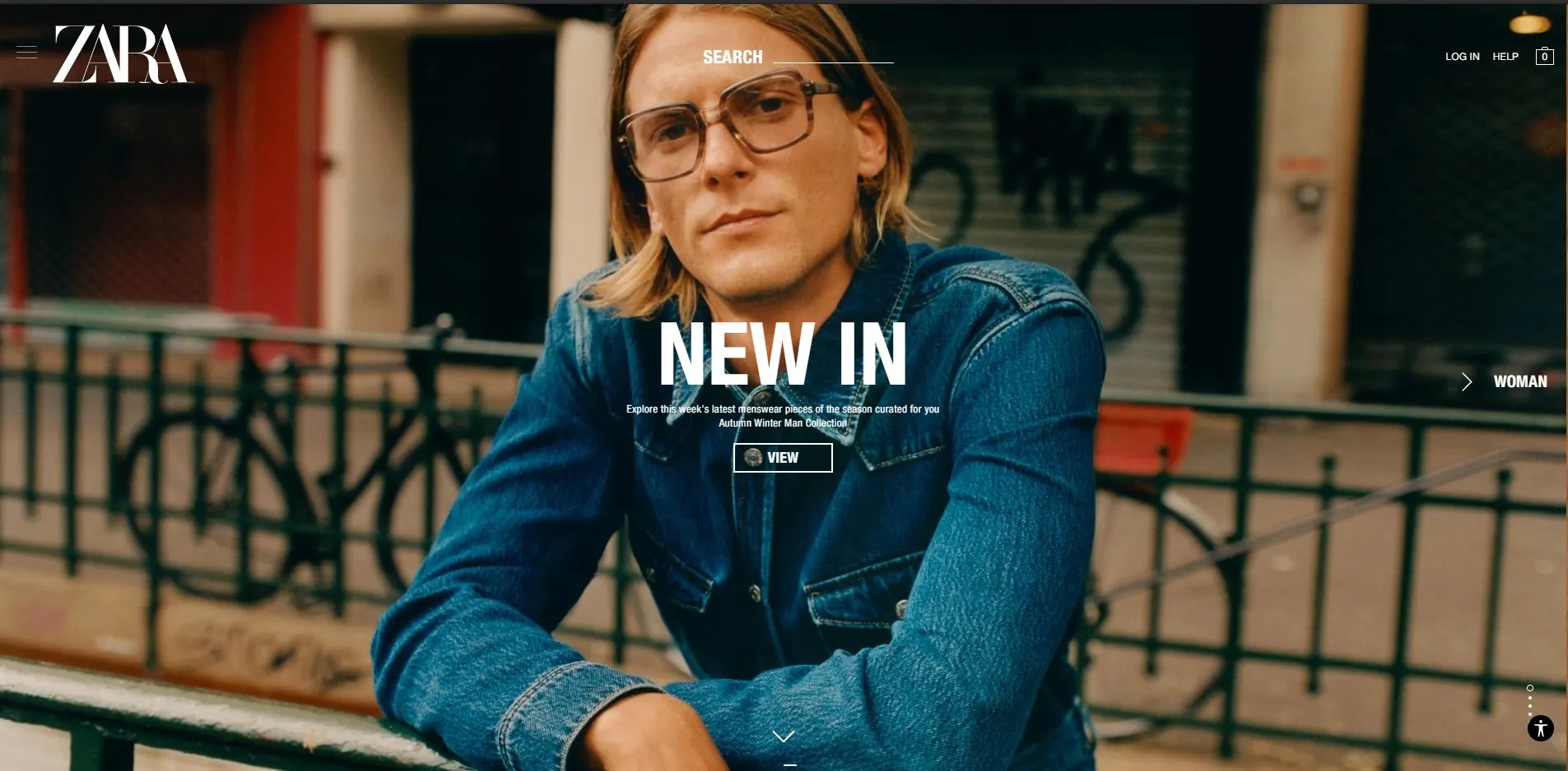 Screenshot of Zara homepage showing large hero image with 'NEW IN' text overlay and navigation menu